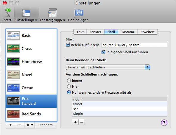 Einstellungsdialog für den Terminal vom Mac